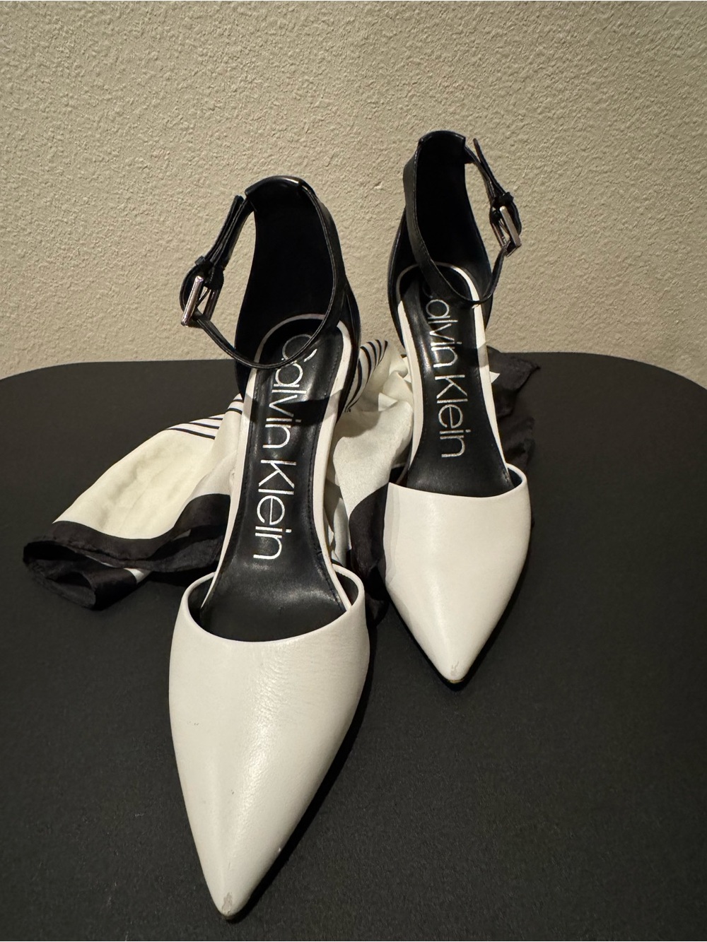 Calvin Klein Two-Tone Pointed Toe Ankle Strap Heels in White and Black Size 9